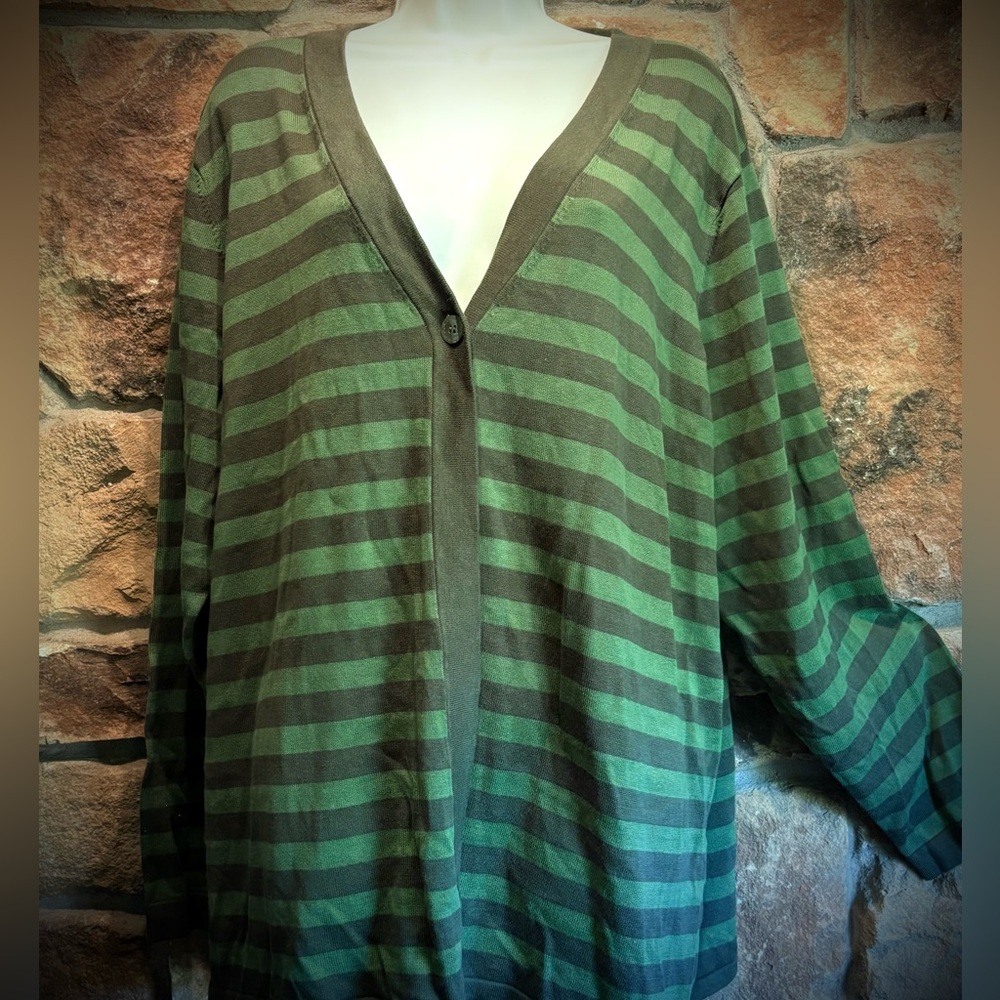 New Isaac Mizrahi Olive and Lime Striped, Single Button Cardigan 3XL